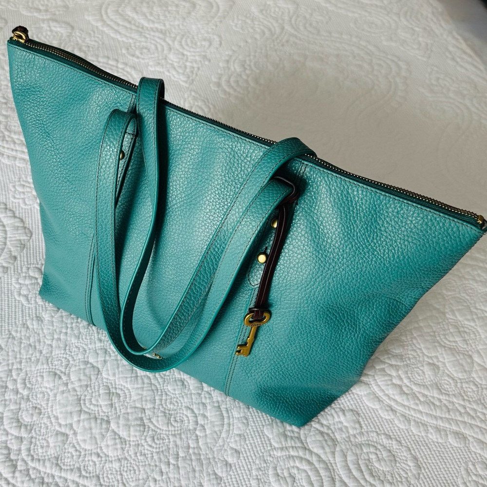 Fossil Jenna Teal Leather Tote Bag